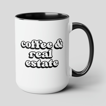 Coffee And Real Estate 15oz white with black accent funny large coffee mug gift for caffeine lover realtor thank real estate agent waveywares wavey wares wavywares wavy wares cover