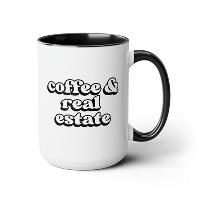 Coffee And Real Estate 15oz white with black accent funny large coffee mug gift for caffeine lover realtor thank real estate agent waveywares wavey wares wavywares wavy wares