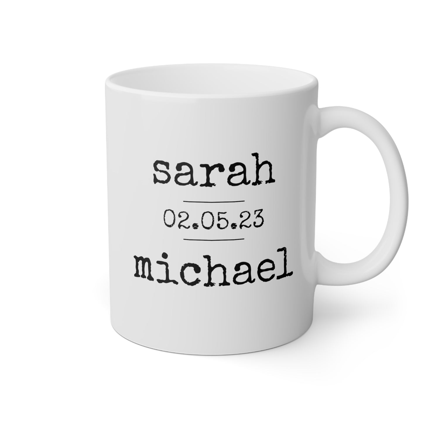 Couple Anniversary Wedding Name Date 11oz white funny large coffee mug gift for wedding engagement bride anniversary custom customized personalized waveywares wavey wares wavywares wavy wares