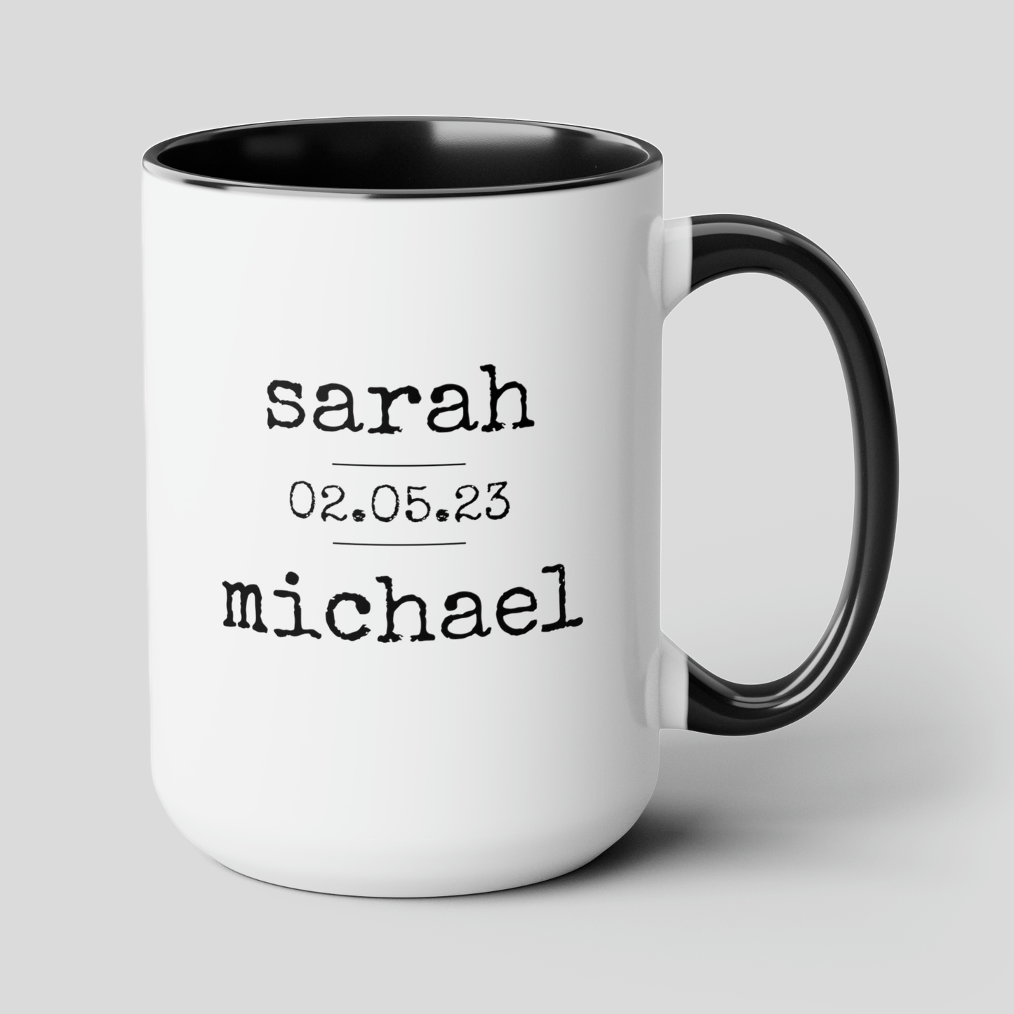 Couple Anniversary Wedding Name Date 15oz white with black accent funny large coffee mug gift for wedding engagement bride anniversary custom customized personalized waveywares wavey wares wavywares wavy wares cover