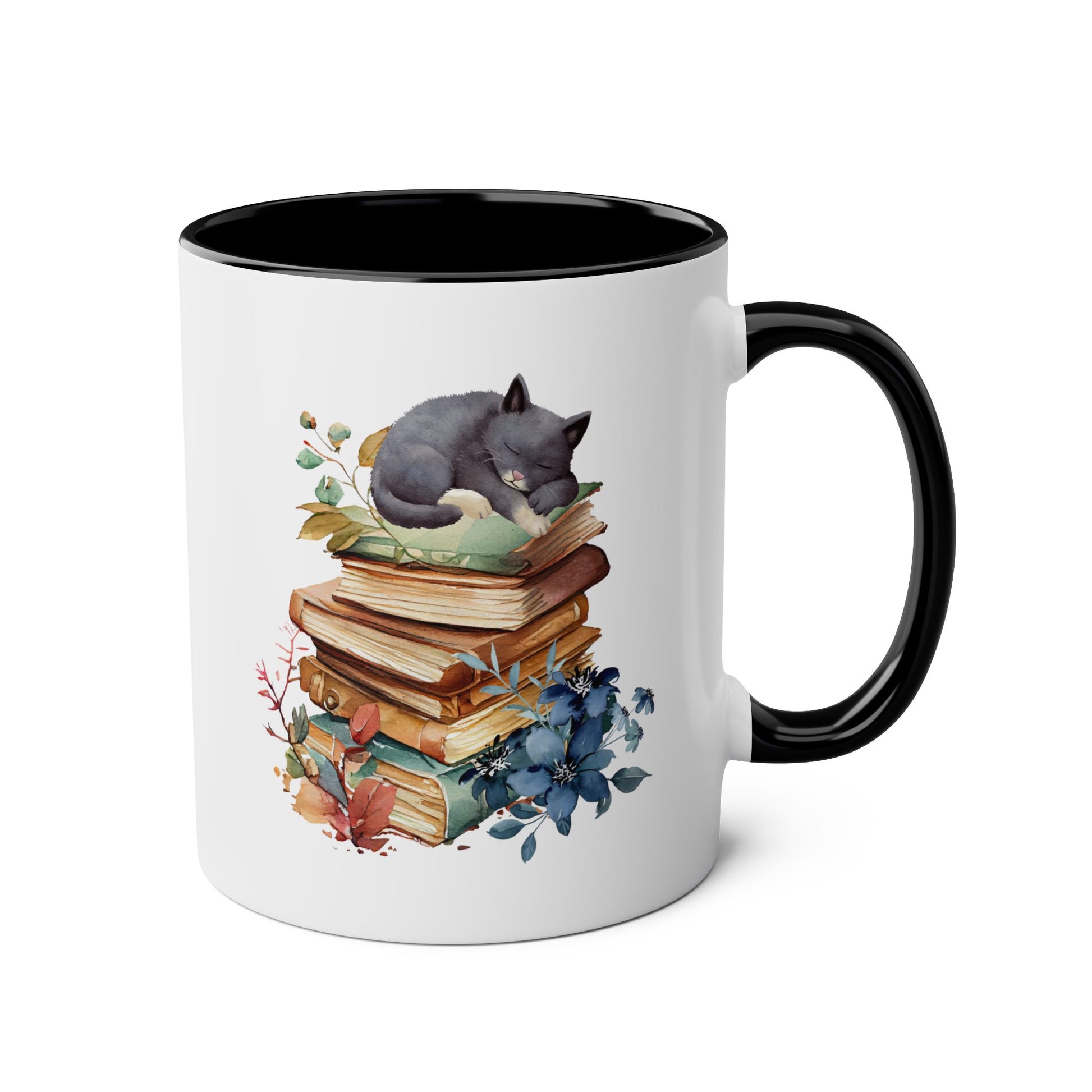 Cute Cat On Books 11oz white with black accent funny large coffee mug gift for fur mom book lover nerd bookworm reading birthday Christmas occasion waveywares wavey wares wavywares wavy wares 