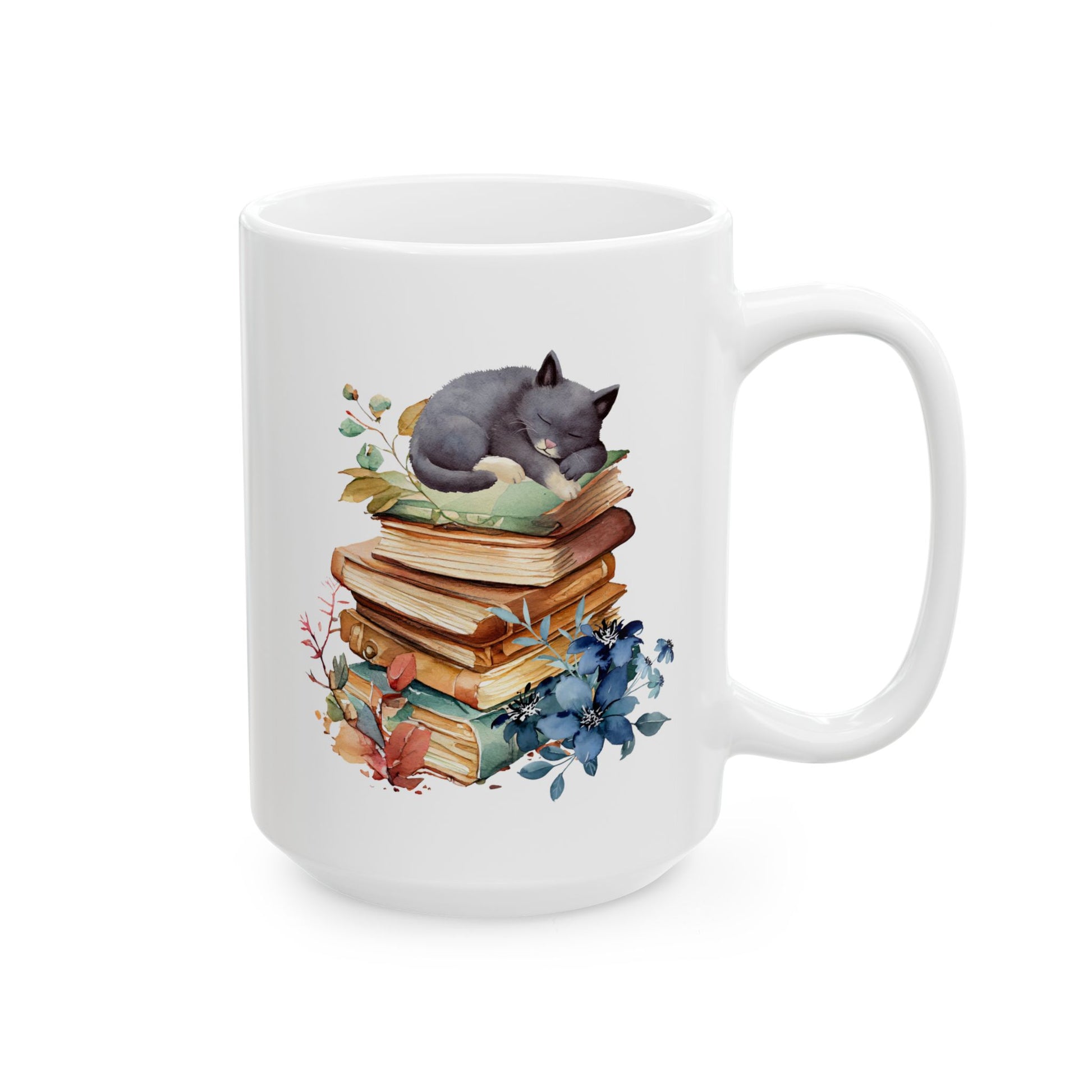 Cute Cat On Books 15oz white funny large coffee mug gift for fur mom book lover nerd bookworm reading birthday Christmas occasion waveywares wavey wares wavywares wavy wares 