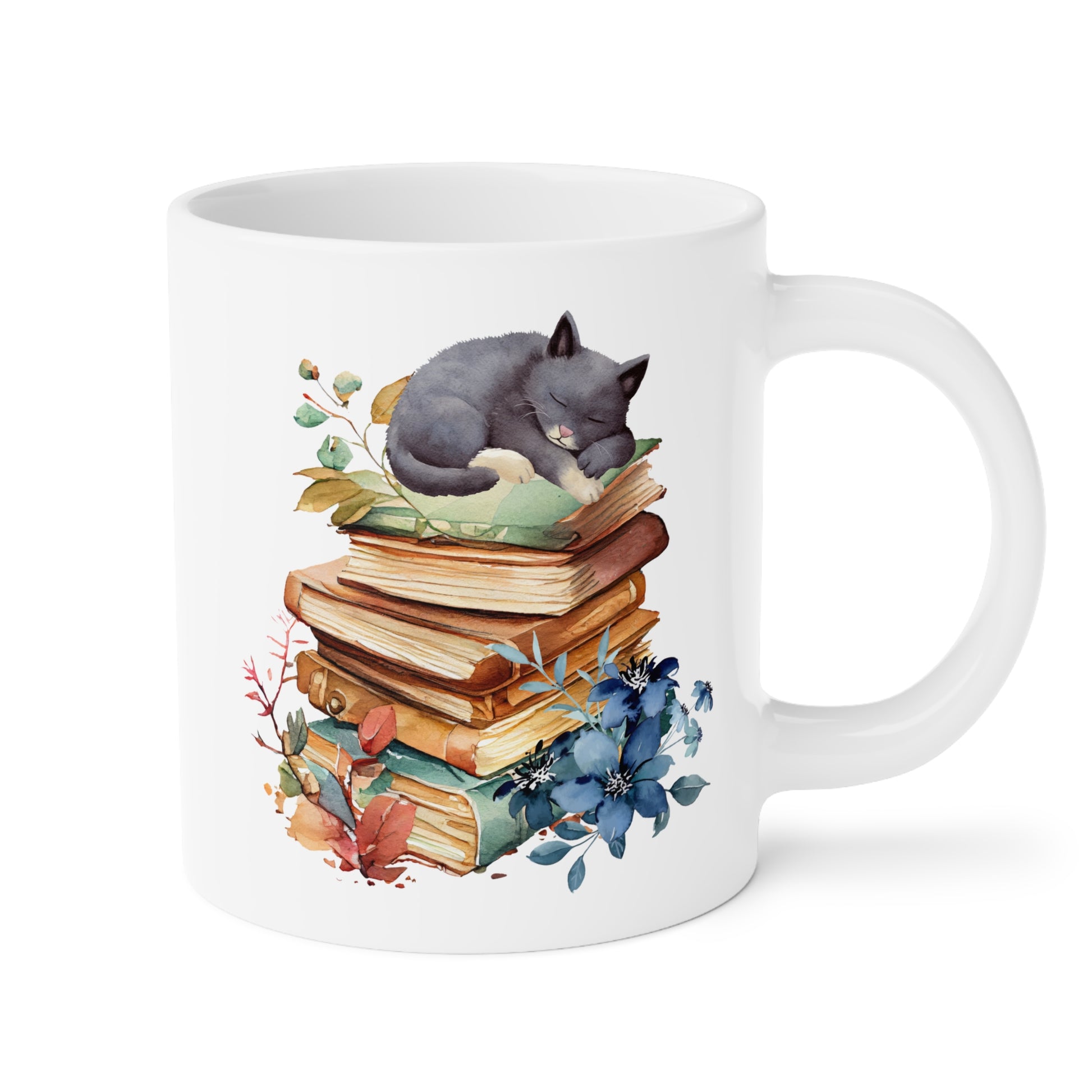 Cute Cat On Books 20oz white funny large coffee mug gift for fur mom book lover nerd bookworm reading birthday Christmas occasion waveywares wavey wares wavywares wavy wares 