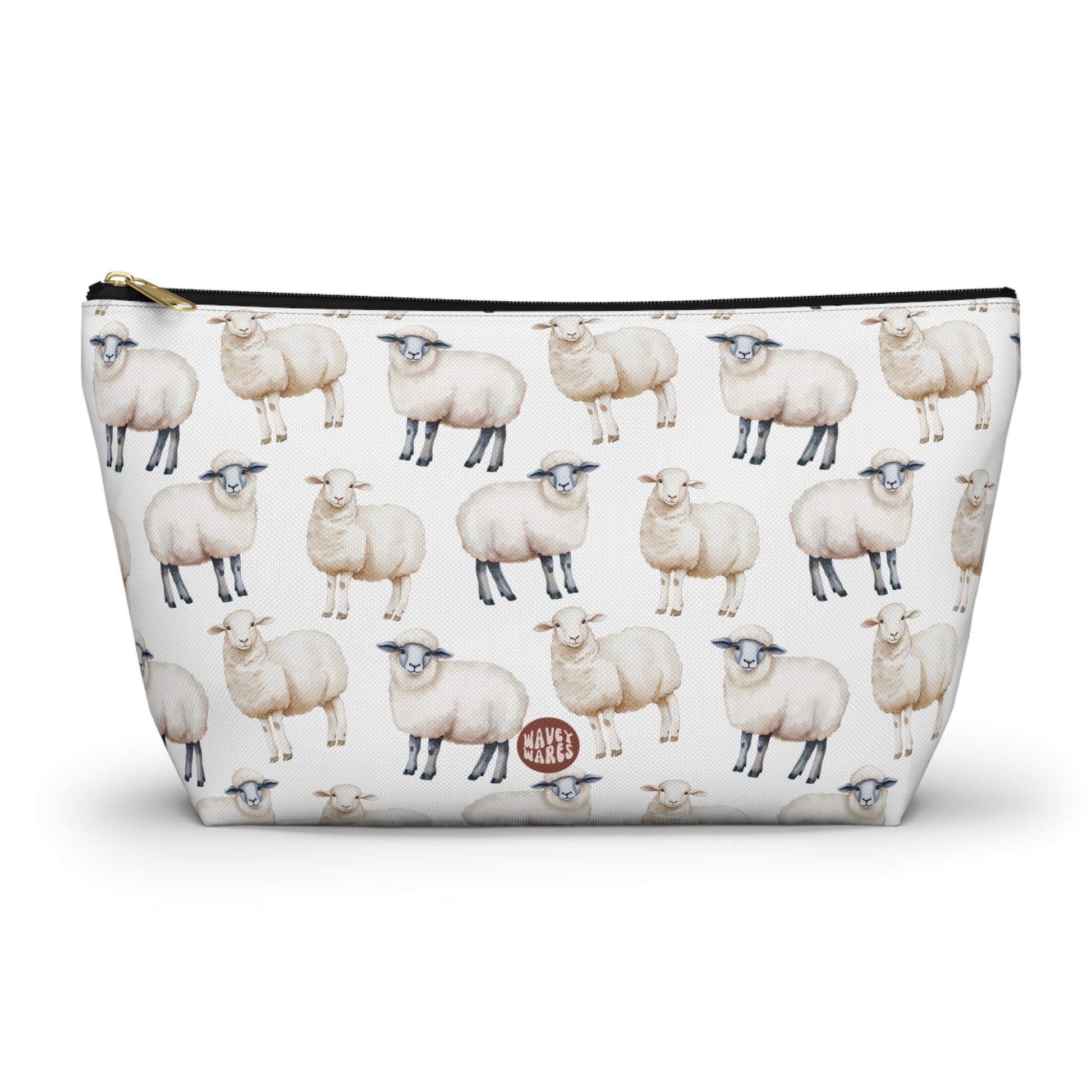 Cute Sheep Pattern T Bottom white travel zip bag gift for farm animal lover owner fleece wool fluffy aesthetic toiletry cosmetic drugs storage case accessory pouch makeup pencil waveywares wavey wares wavywares wavy wares
