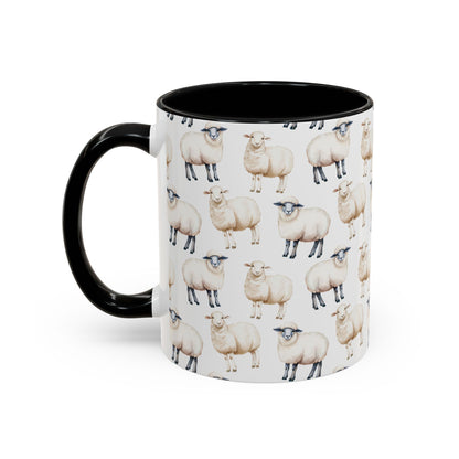 Cute Sheep Pattern watercolor 11oz black accent coffee mug, fluffy wool fleece farm animal lover domesticated funny coffee mug, coffee cup, 20oz mug, 20 ounce mug, 15 oz mug, big mug, large mug, gift