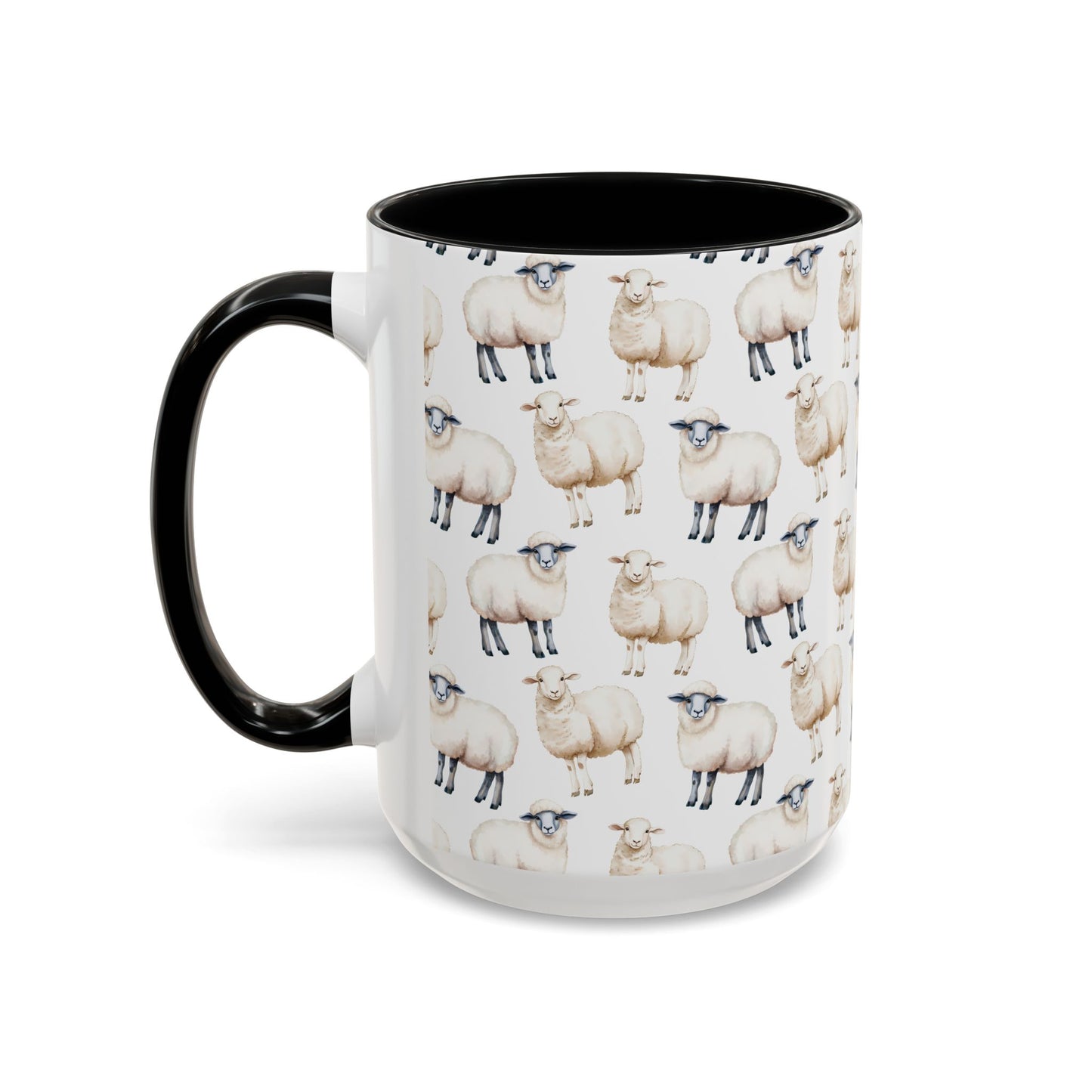 Cute Sheep Pattern watercolor 15oz black accent coffee mug, fluffy wool fleece farm animal lover domesticated funny coffee mug, coffee cup, 20oz mug, 20 ounce mug, 15 oz mug, big mug, large mug, gift