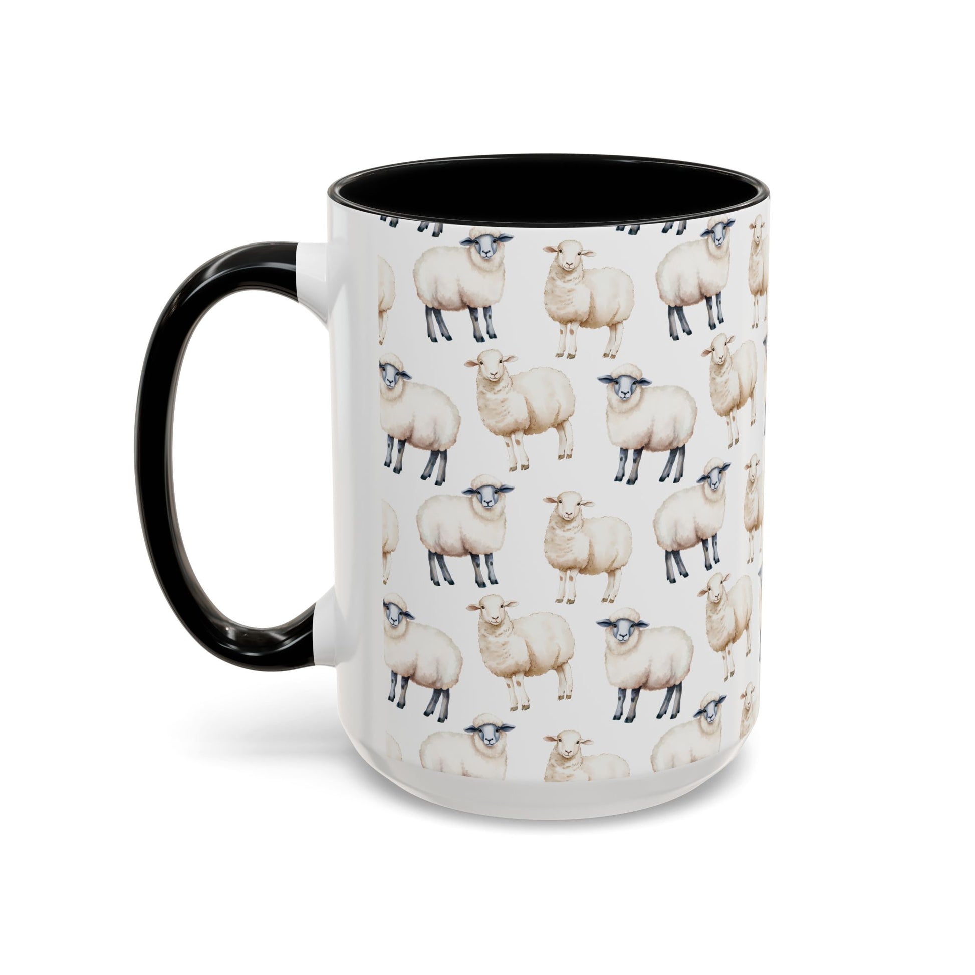 Cute Sheep Pattern watercolor 15oz black accent coffee mug, fluffy wool fleece farm animal lover domesticated funny coffee mug, coffee cup, 20oz mug, 20 ounce mug, 15 oz mug, big mug, large mug, gift