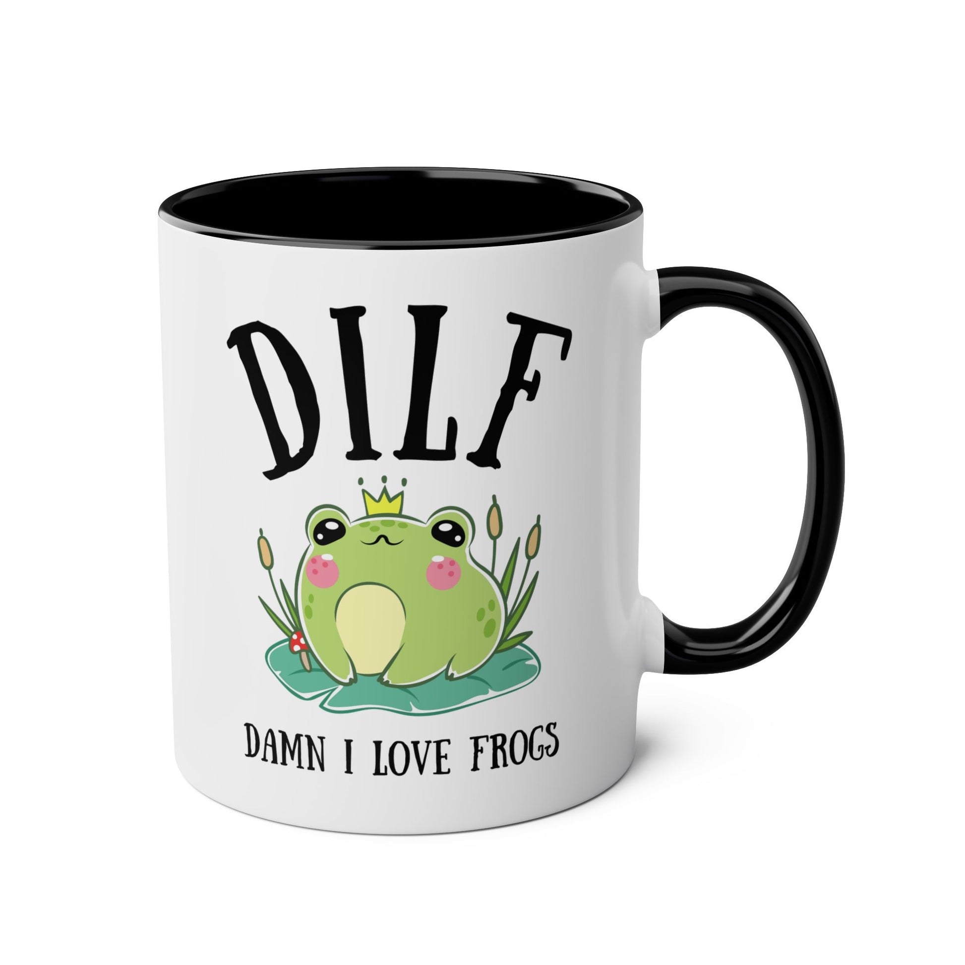 DILF Damn I Love Frogs 11oz white with black accent funny large coffee mug gift for friend cottagecore frog lover boyfriend novelty waveywares wavey wares wavywares wavy wares 