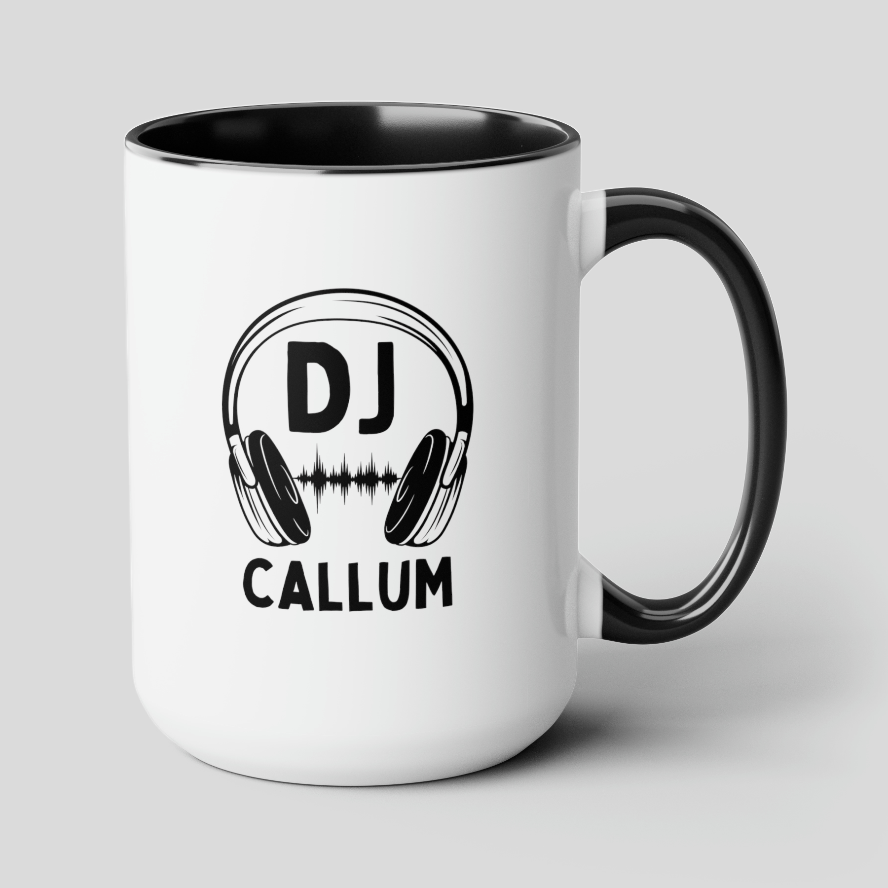 DJ Name 15oz white with black accent funny large coffee mug gift for disc jockey music EDM custom customized personalized waveywares wavey wares wavywares wavy wares cover