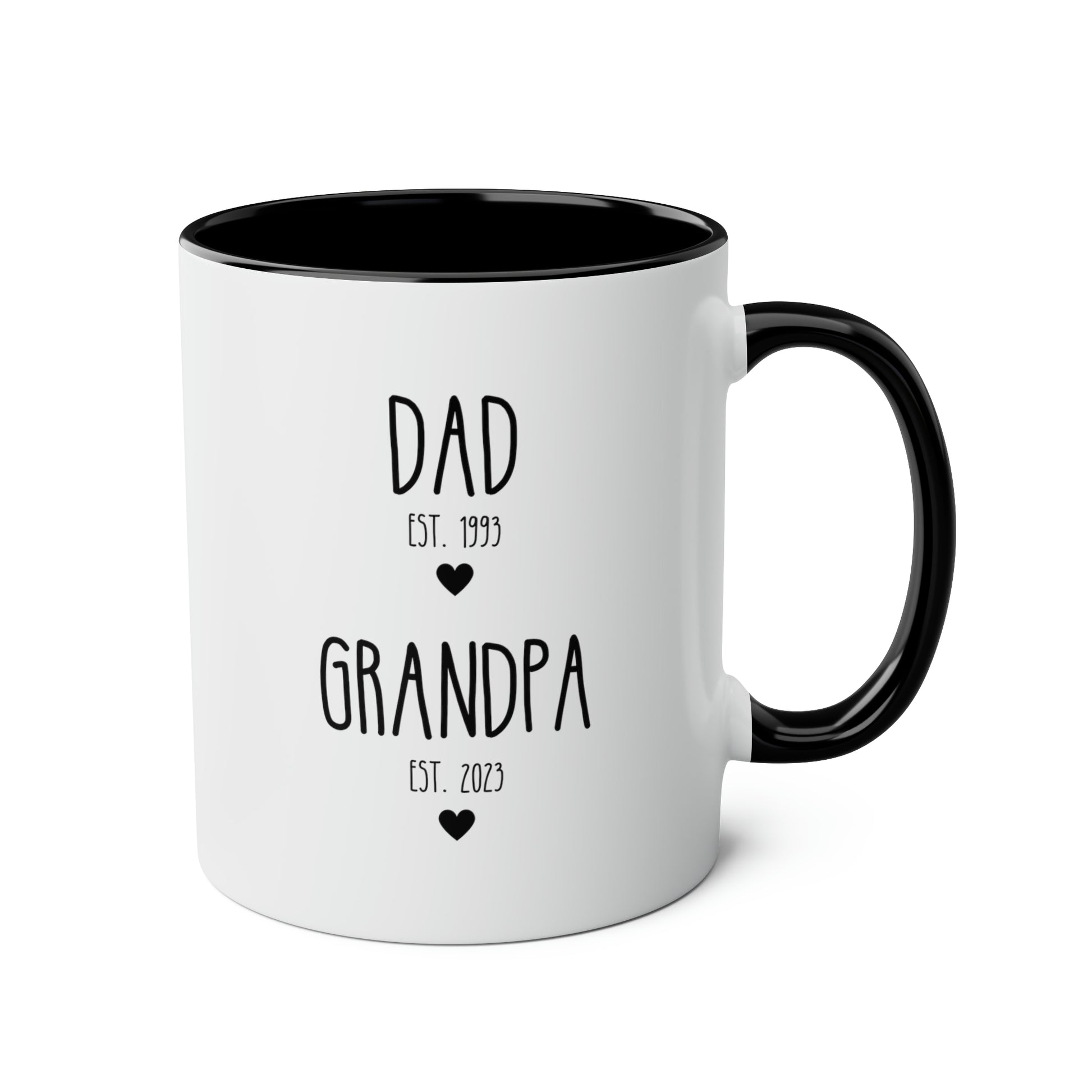 Dad Est Grandpa Est 11oz white with black accent funny large coffee mug gift for new grandpa first time grandfather pregnancy announcement custom date customize personalize waveywares wavey wares wavywares wavy wares