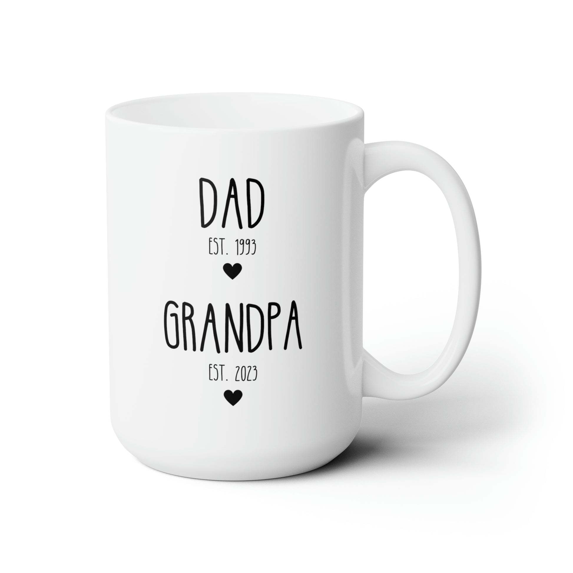 Dad Est Grandpa Est 15oz white funny large coffee mug gift for new grandpa first time grandfather pregnancy announcement custom date customize personalize waveywares wavey wares wavywares wavy wares
