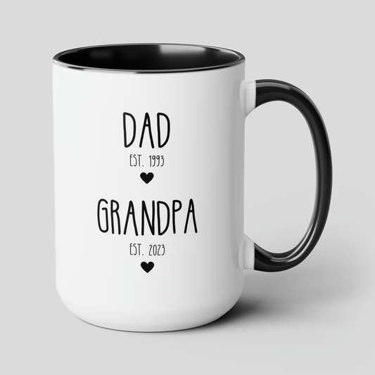 Dad Est Grandpa Est 15oz white with black accent funny large coffee mug gift for new grandpa first time grandfather pregnancy announcement custom date customize personalize waveywares wavey wares wavywares wavy wares cover