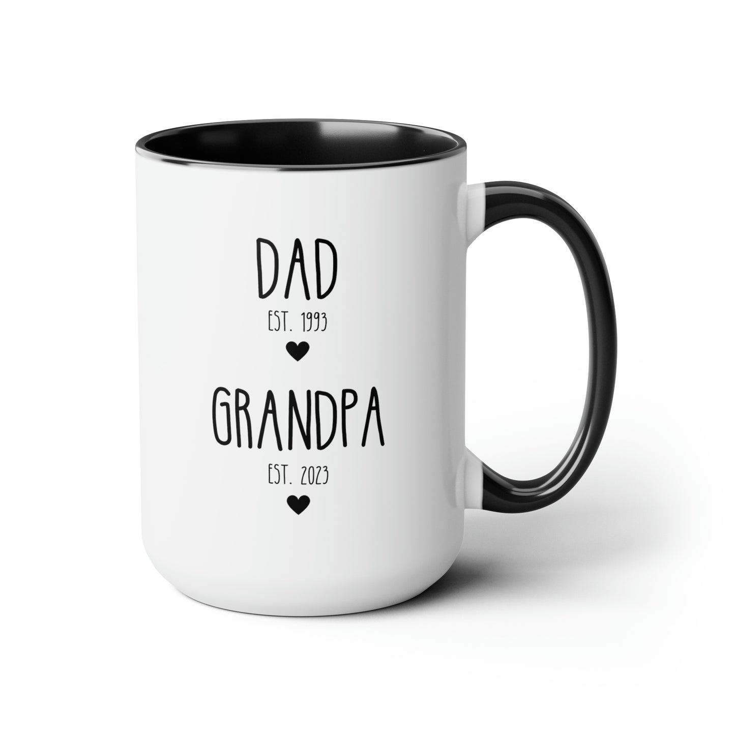 Dad Est Grandpa Est 15oz white with black accent funny large coffee mug gift for new grandpa first time grandfather pregnancy announcement custom date customize personalize waveywares wavey wares wavywares wavy wares