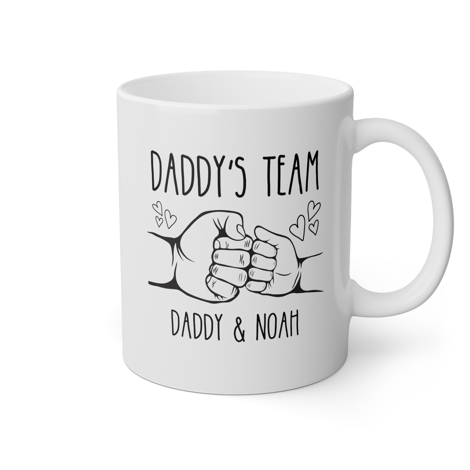 Daddy's Team 11oz white funny large coffee mug gift for dad father's day from kids name customize personalize grandfather fist bump hearts waveywares wavey wares wavywares wavy wares