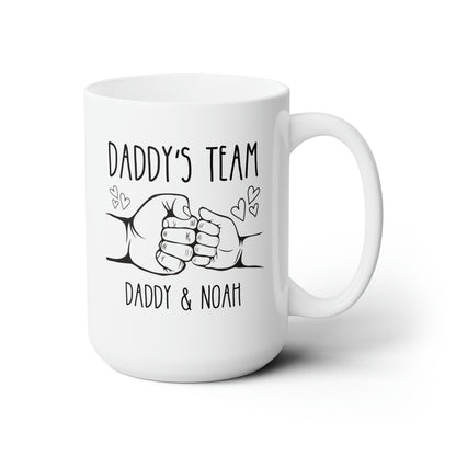 Daddy's Team 15oz white funny large coffee mug gift for dad father's day from kids name customize personalize grandfather fist bump hearts waveywares wavey wares wavywares wavy wares