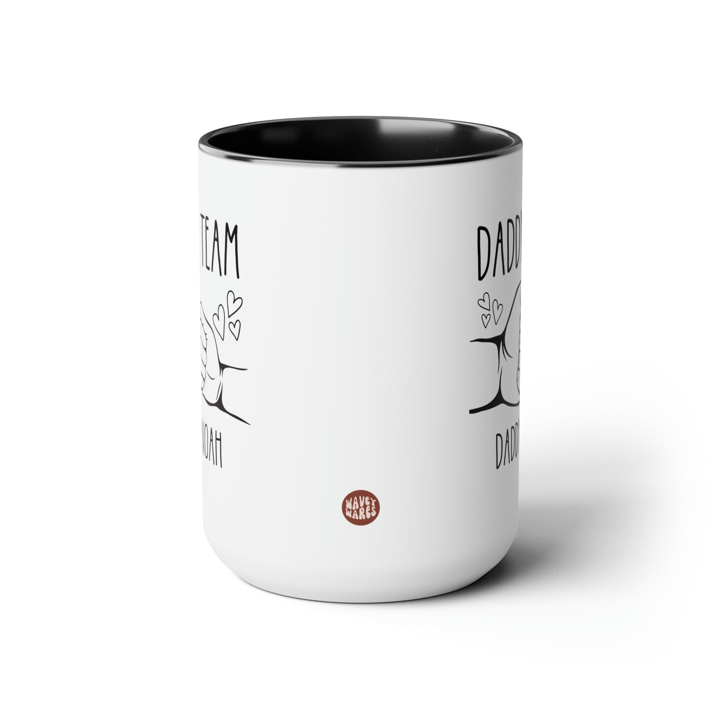Daddy's Team 15oz white with black accent funny large coffee mug gift for dad father's day from kids name customize personalize grandfather fist bump hearts waveywares wavey wares wavywares wavy wares side