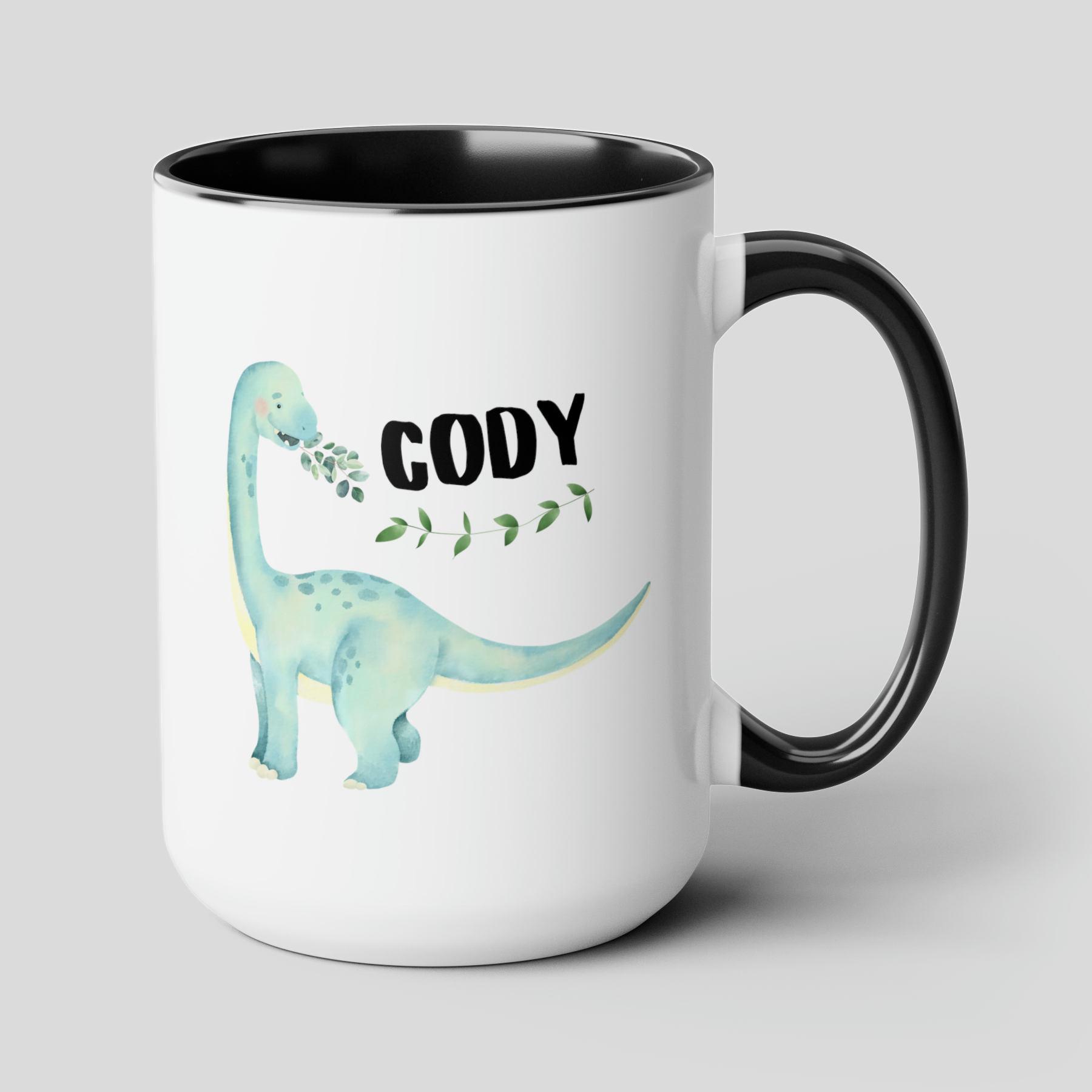 Dinosaur Name 15oz white with black accent funny large coffee mug gift for boys women mom kids customize personalize waveywares wavey wares wavywares wavy wares cover