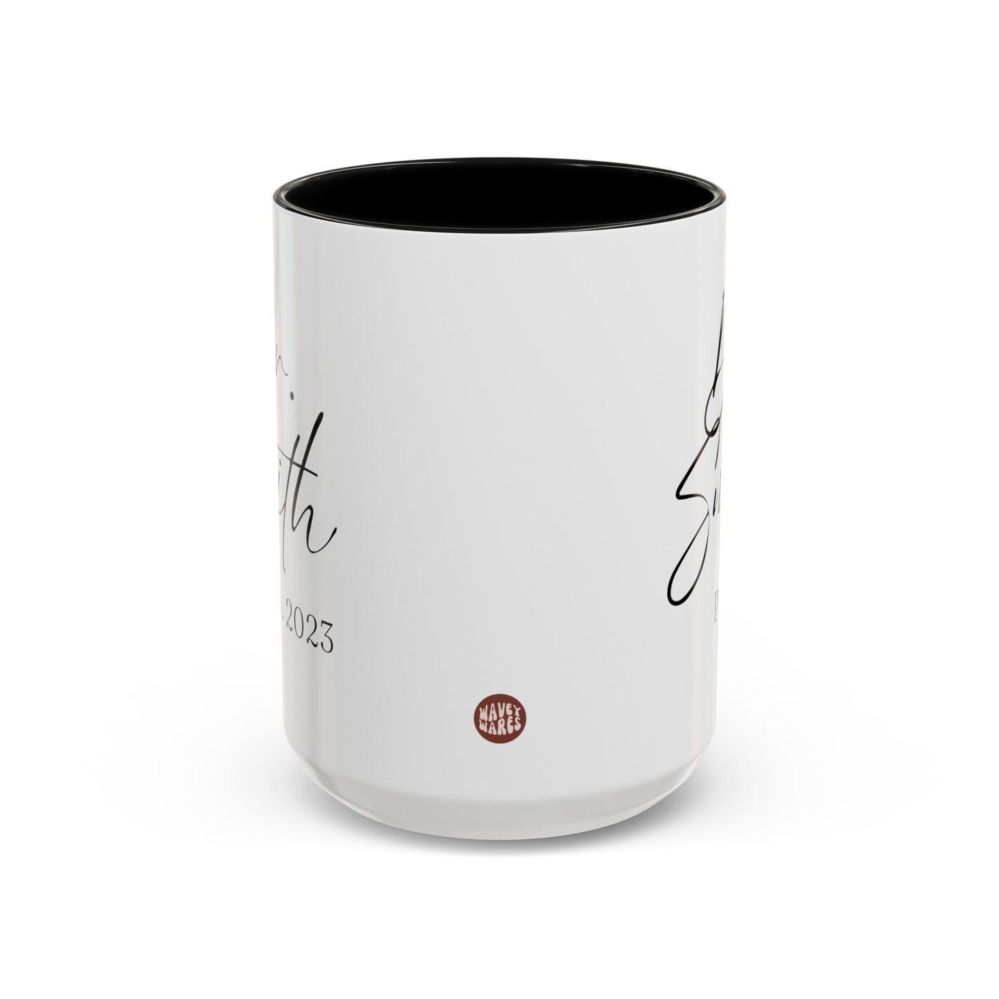 Dr Smith PHD Graduation 15oz white with black accent funny large coffee mug gift for doctorate degree graduate student grad custom name date personalized customize waveywares wavey wares wavywares wavy wares side