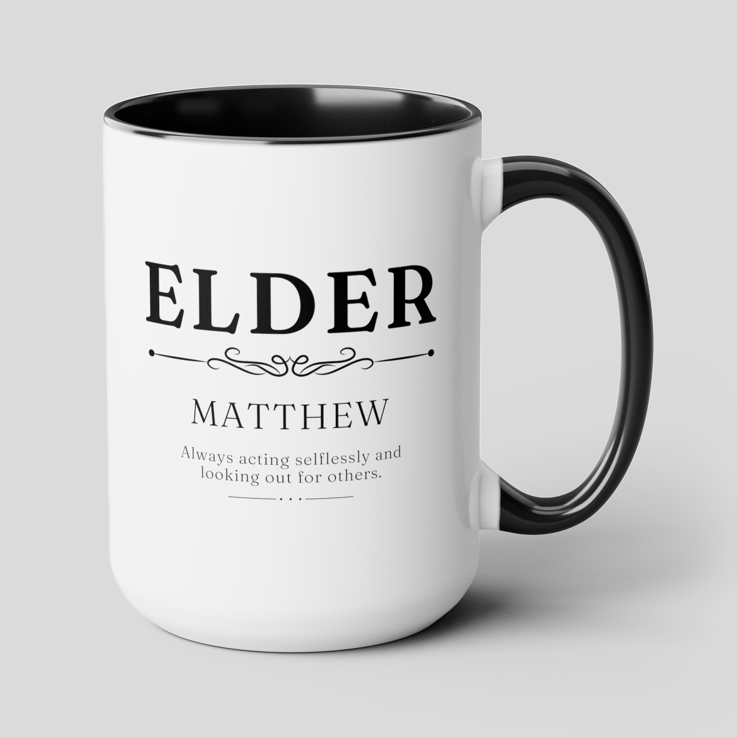 Elder Name 15oz white with black accent funny large coffee mug gift for JW elders custom name phrase personalize waveywares wavey wares wavywares wavy wares cover