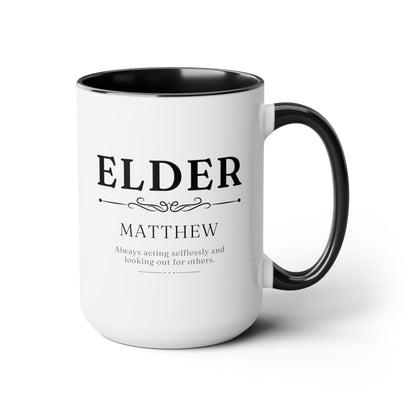 Elder Name 15oz white with black accent funny large coffee mug gift for JW elders custom name phrase personalize waveywares wavey wares wavywares wavy wares