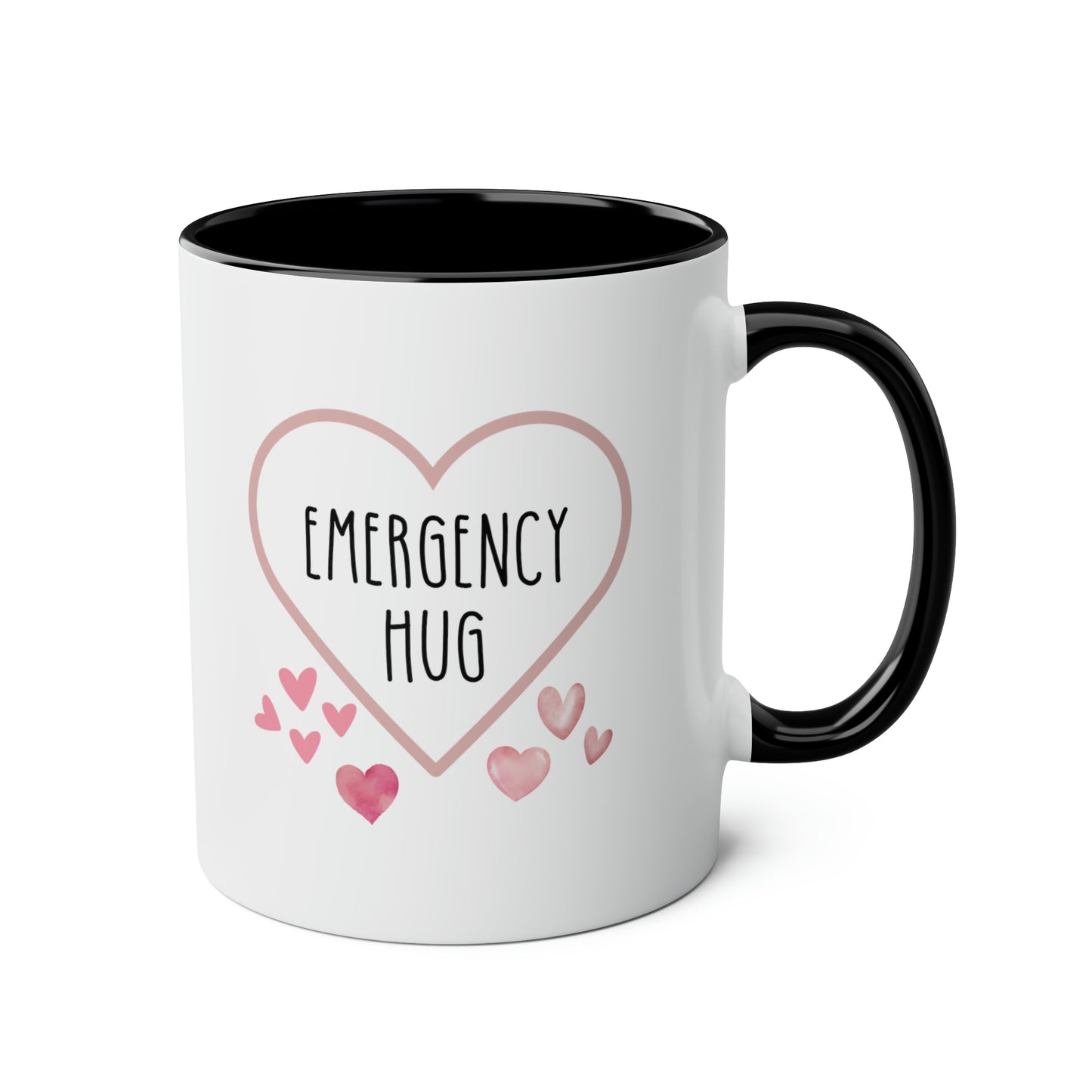 Emergency Hug 11oz white with black accent funny large coffee mug gift for mental health comforting uplifting encouraging anxiety pocket waveywares wavey wares wavywares wavy wares