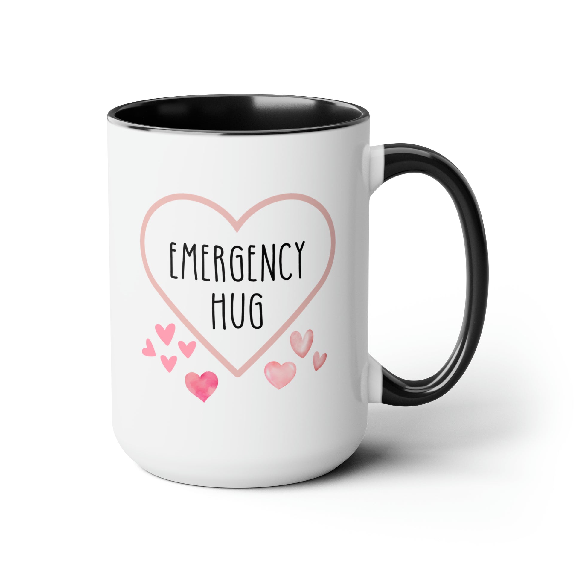 Emergency Hug 15oz white with black accent funny large coffee mug gift for mental health comforting uplifting encouraging anxiety pocket waveywares wavey wares wavywares wavy wares