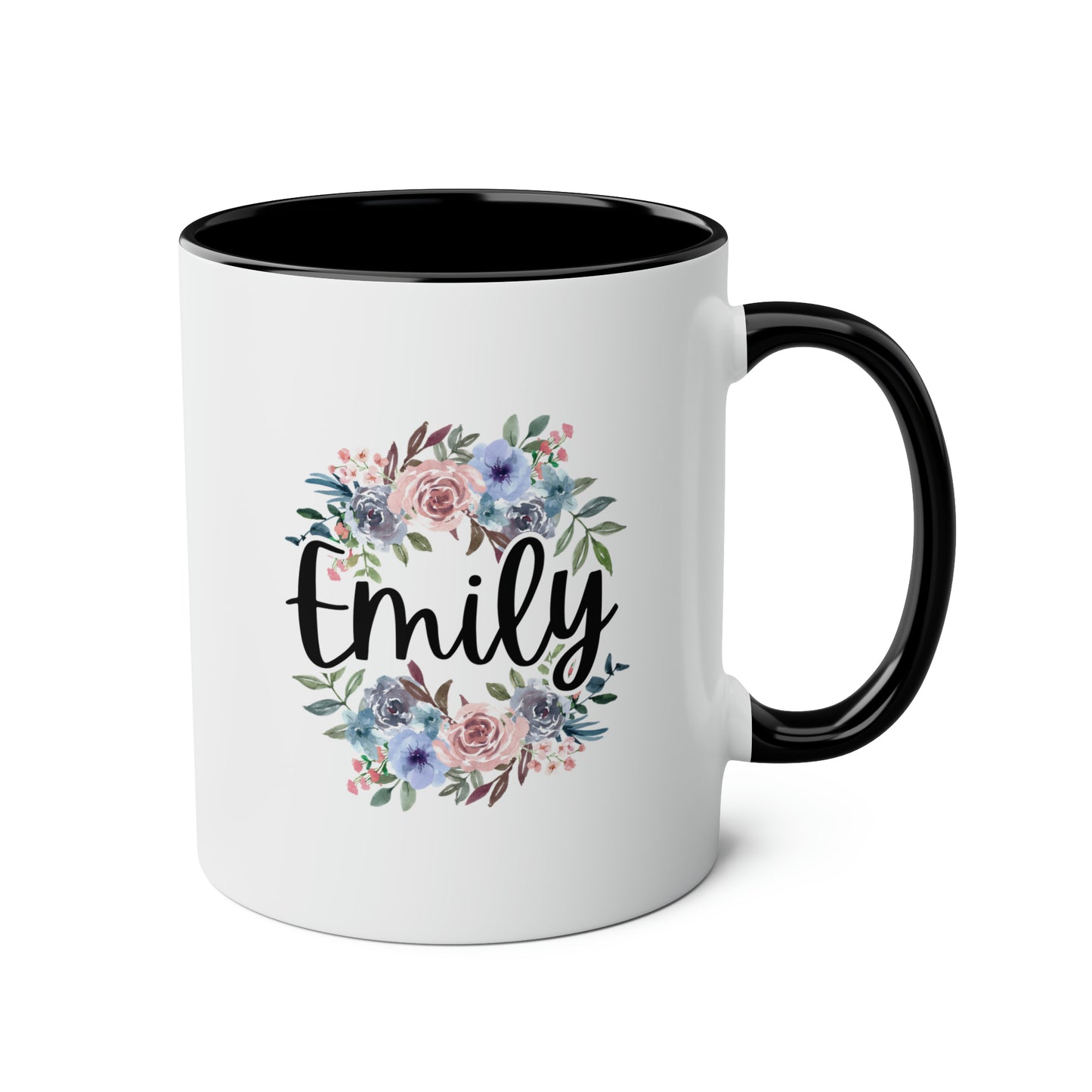 Flowers Name 11oz white with black accent funny large coffee mug gift for her floral bridesmaid christmas mothers day custom customized personalized waveywares wavey wares wavywares wavy wares