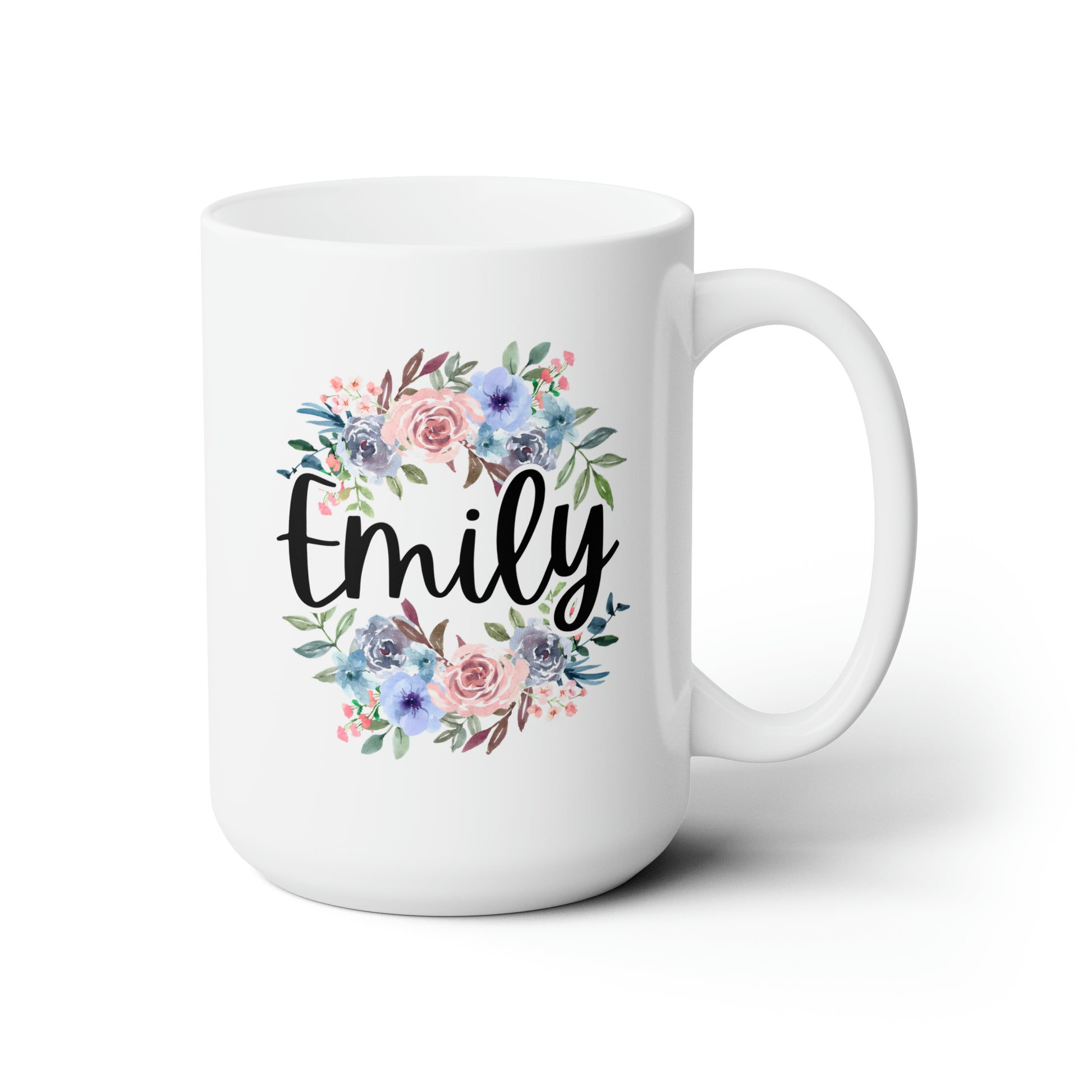 Flowers Name 15oz white funny large coffee mug gift for her floral bridesmaid christmas mothers day custom customized personalized waveywares wavey wares wavywares wavy wares