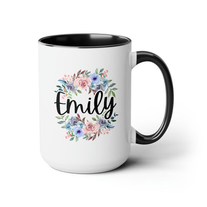 Flowers Name 15oz white with black accent funny large coffee mug gift for her floral bridesmaid christmas mothers day custom customized personalized waveywares wavey wares wavywares wavy wares