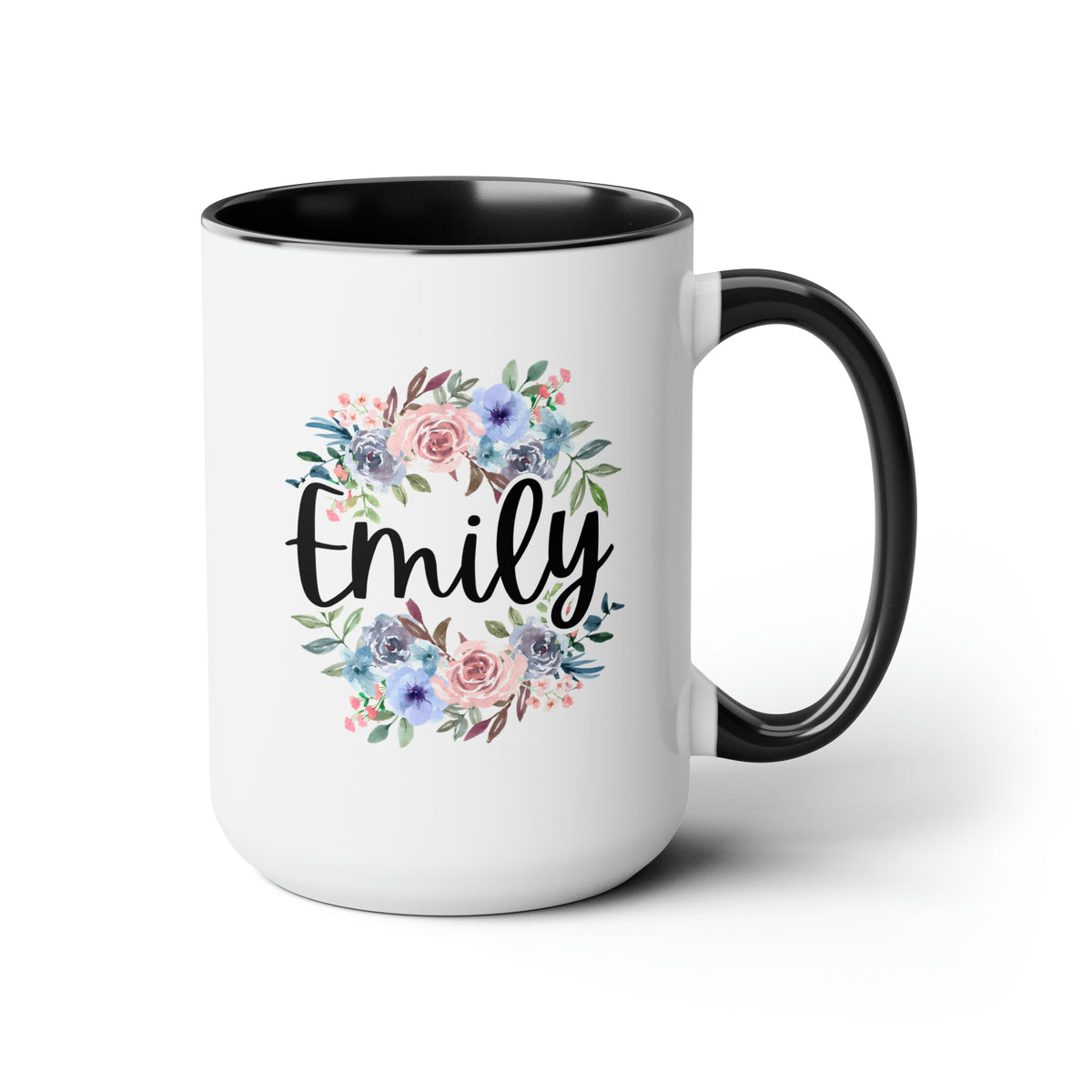 Flowers Name 15oz white with black accent funny large coffee mug gift for her floral bridesmaid christmas mothers day custom customized personalized waveywares wavey wares wavywares wavy wares