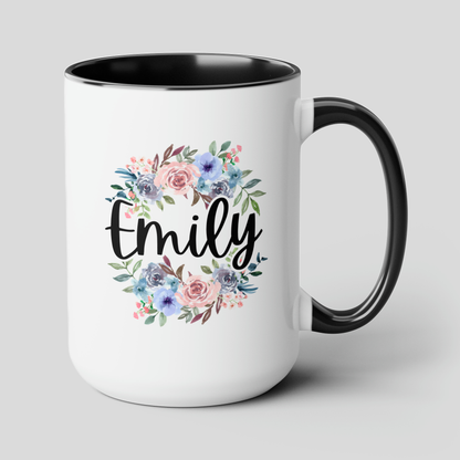 Flowers Name 15oz white with black accent funny large coffee mug gift for her floral bridesmaid christmas mothers day custom customized personalized waveywares wavey wares wavywares wavy wares cover