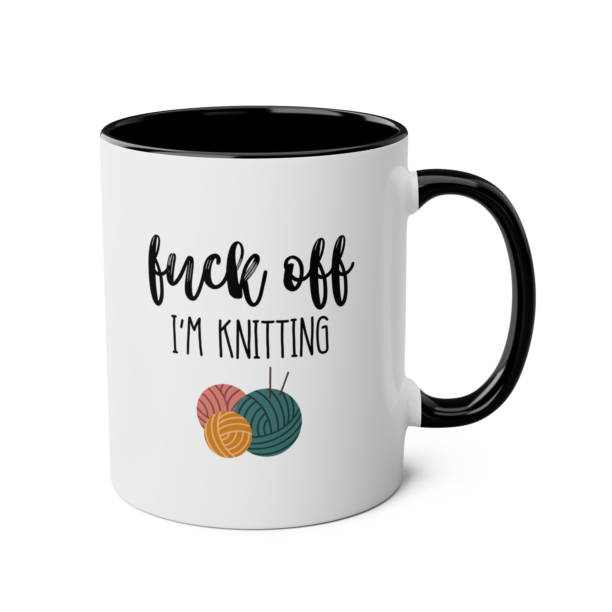 Fuck Off I'm Knitting 11oz white with black accent funny large coffee mug gift for knitters knitting birthday mothers day knit yarn  waveywares wavey wares wavywares wavy wares