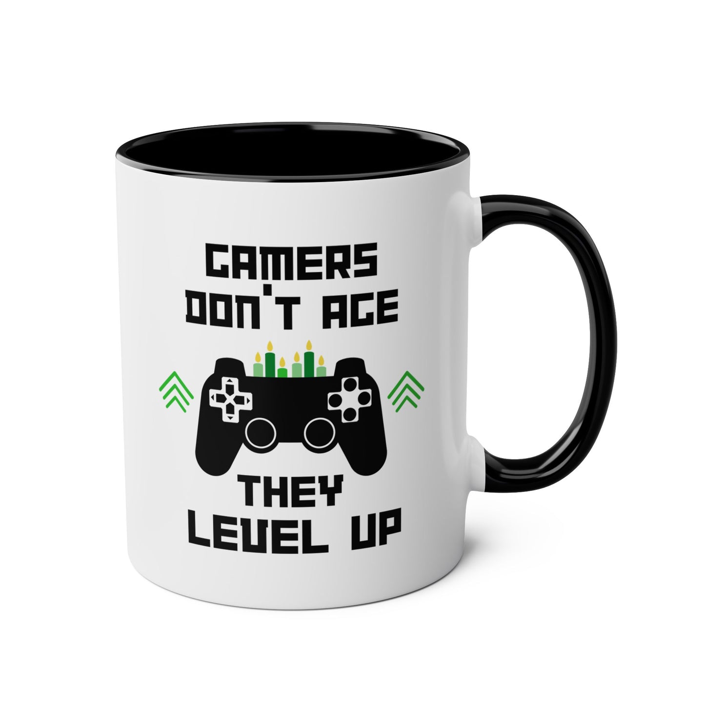 Gamers Don't Age They Level Up 11oz white with black accent funny large coffee mug gift for gamer birthday gaming fans game saying waveywares wavey wares wavywares wavy wares