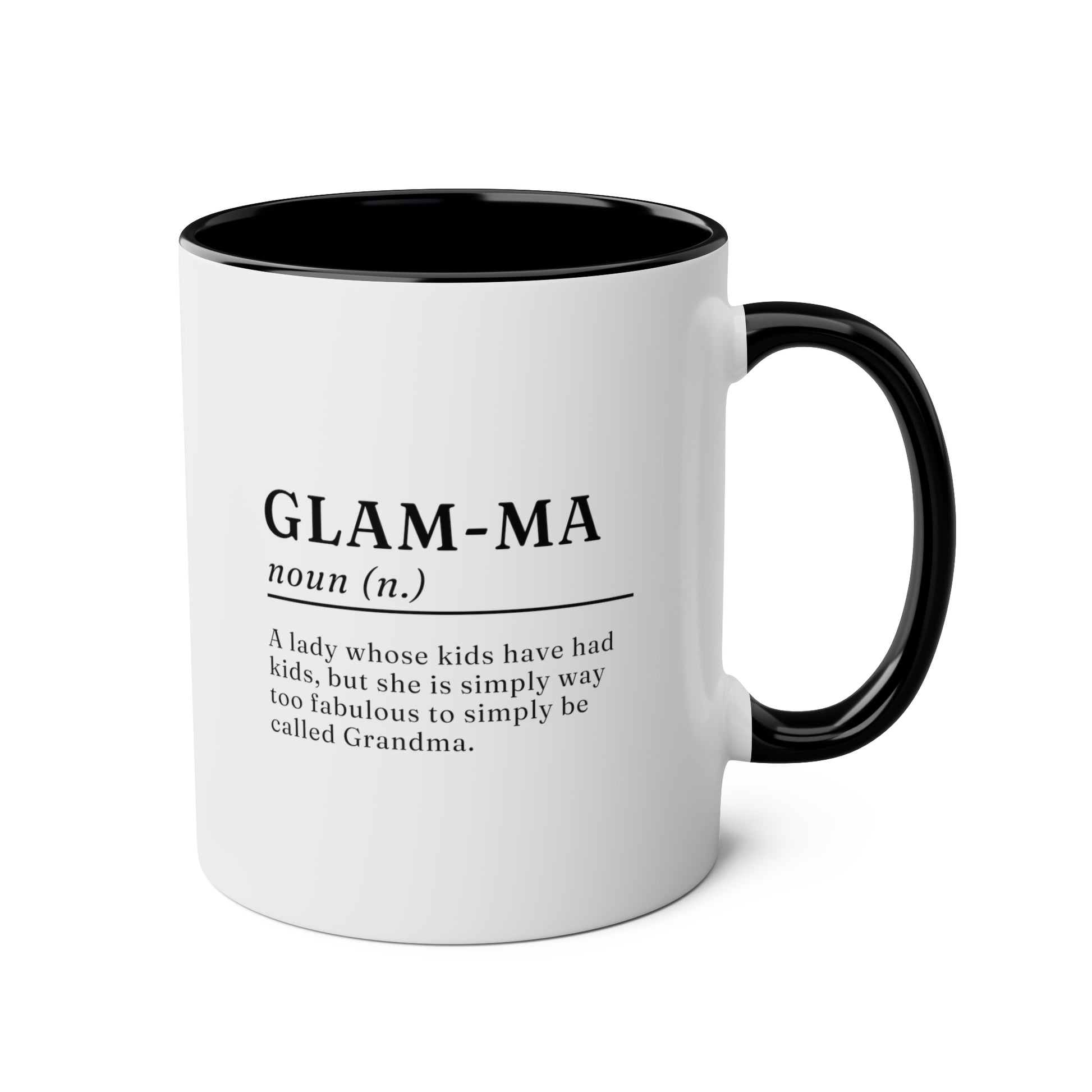 Glam-Ma 11oz white with black accent funny large coffee mug gift for grandmother mother's day grandma granny nana dictionary definition meaning waveywares wavey wares wavywares wavy wares