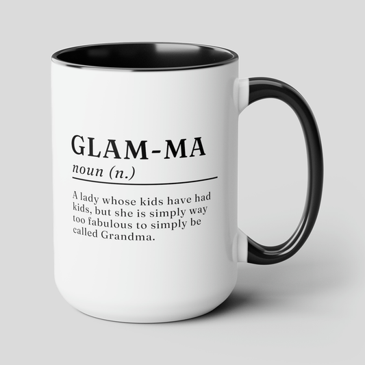 Glam-Ma 15oz white with black accent funny large coffee mug gift for grandmother mother's day grandma granny nana dictionary definition meaning waveywares wavey wares wavywares wavy wares cover