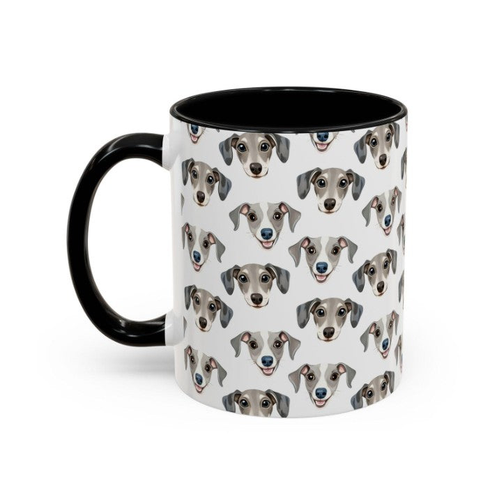 Cute Greyhound Watercolor Pattern 11oz white with black accent funny large coffee mug gift for Grey Hound Dog Lover Mom Dad furparent Puppy animal enthusiast adorable kids birthday secret santa Christmas waveywares wavey wares wavywares wavy wares