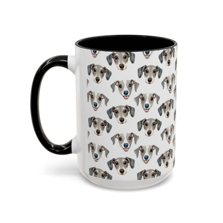 Cute Greyhound Watercolor Pattern 15oz white with black accent funny large coffee mug gift for Grey Hound Dog Lover Mom Dad furparent Puppy animal enthusiast adorable kids birthday secret santa Christmas waveywares wavey wares wavywares wavy wares