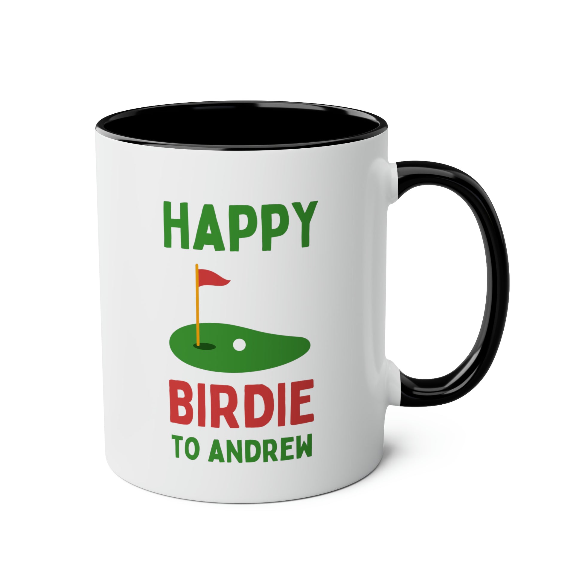 Happy Birdie To Andrew 11oz white with black accent funny large coffee mug gift for golfer custom birthday golf golfing novelty waveywares wavey wares wavywares wavy wares