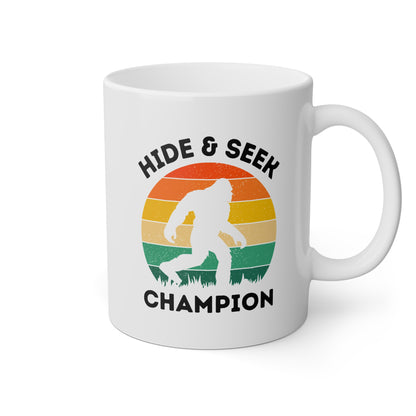 Hide And Seek Champion 11oz white funny large coffee mug gift for dad men big foot silhouette sasquatch bigfoot waveywares wavey wares wavywares wavy wares