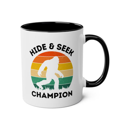 Hide And Seek Champion 11oz white with black accent funny large coffee mug gift for dad men big foot silhouette sasquatch bigfoot waveywares wavey wares wavywares wavy wares