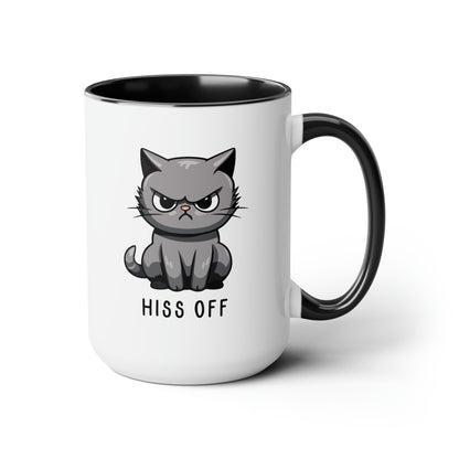 Hiss Off 15oz white with black accent funny large coffee mug gift for cat mom angry cute antisocial cuss curse kitten waveywares wavey wares wavywares wavy wares