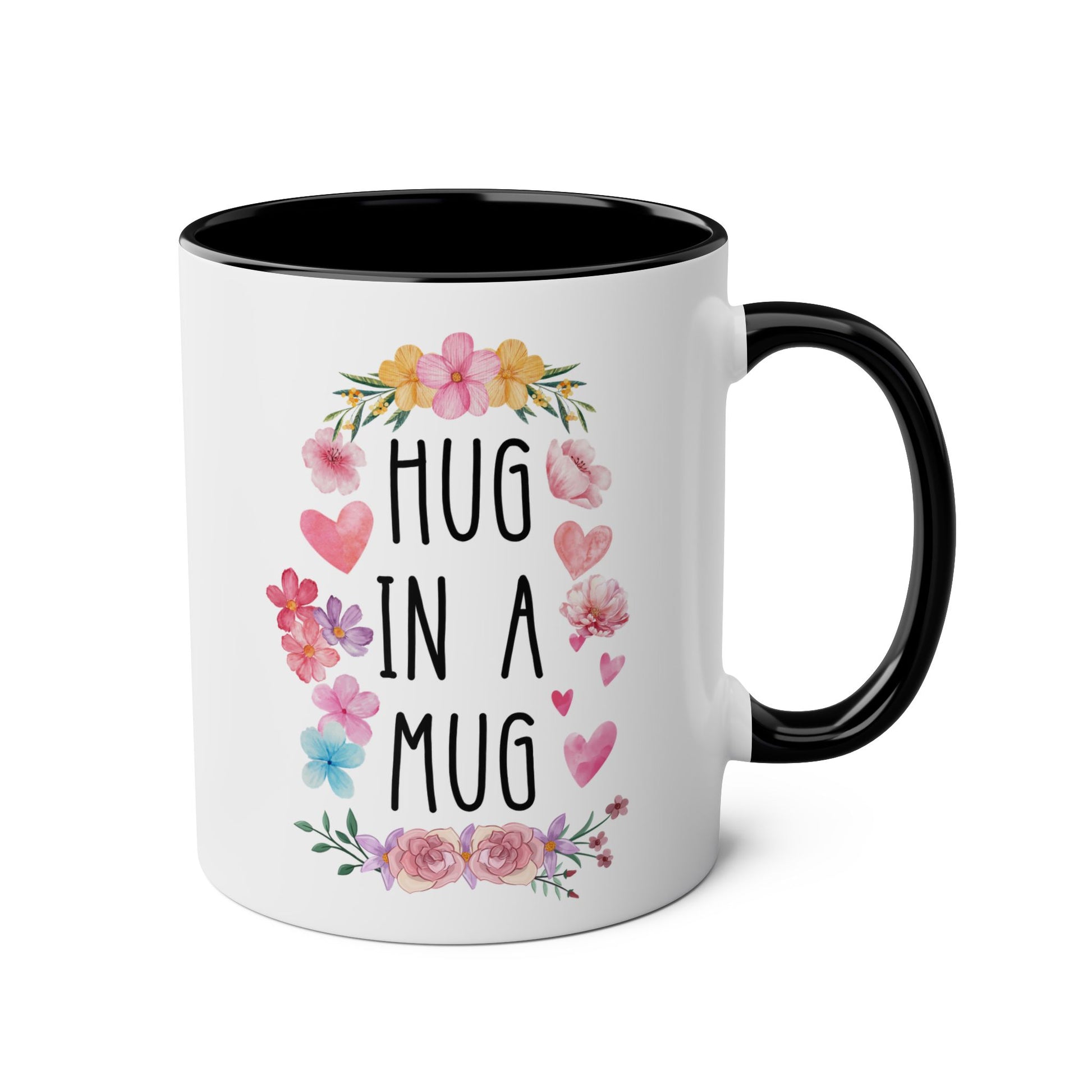Hug in a Mug 11oz white with black accent funny large coffee mug gift for her comforting anxiety mental health hearts flowers uplifting encouraging pocket friend birthday Christmas occasion waveywares wavey wares wavywares wavy wares 