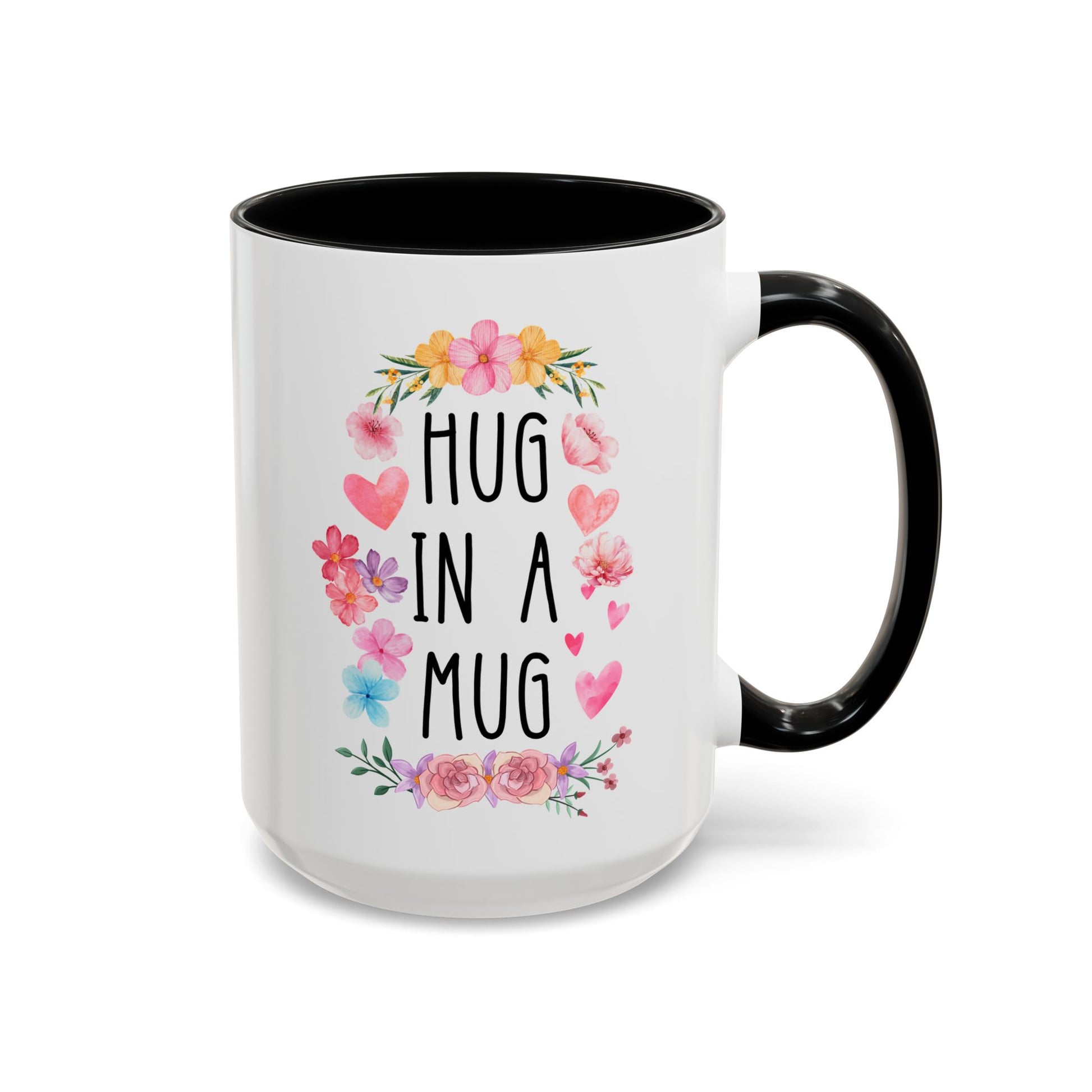 Hug in a Mug 15oz white with black accent funny large coffee mug gift for her comforting anxiety mental health hearts flowers uplifting encouraging pocket friend birthday Christmas occasion waveywares wavey wares wavywares wavy wares 
