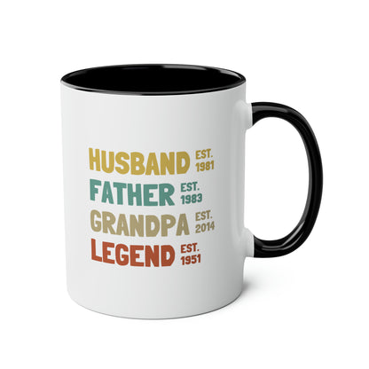 Husband Father Grandpa Legend 11oz white with black accent funny large coffee mug gift for dad fathers day birthday custom date personalize customize waveywares wavey wares wavywares wavy wares