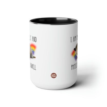 I Am Mentally And Physically Unwell 15oz white with black accent funny large coffee mug gift for mental health meme retro rainbow sparkles possum lover opossum waveywares wavey wares wavywares wavy wares cover