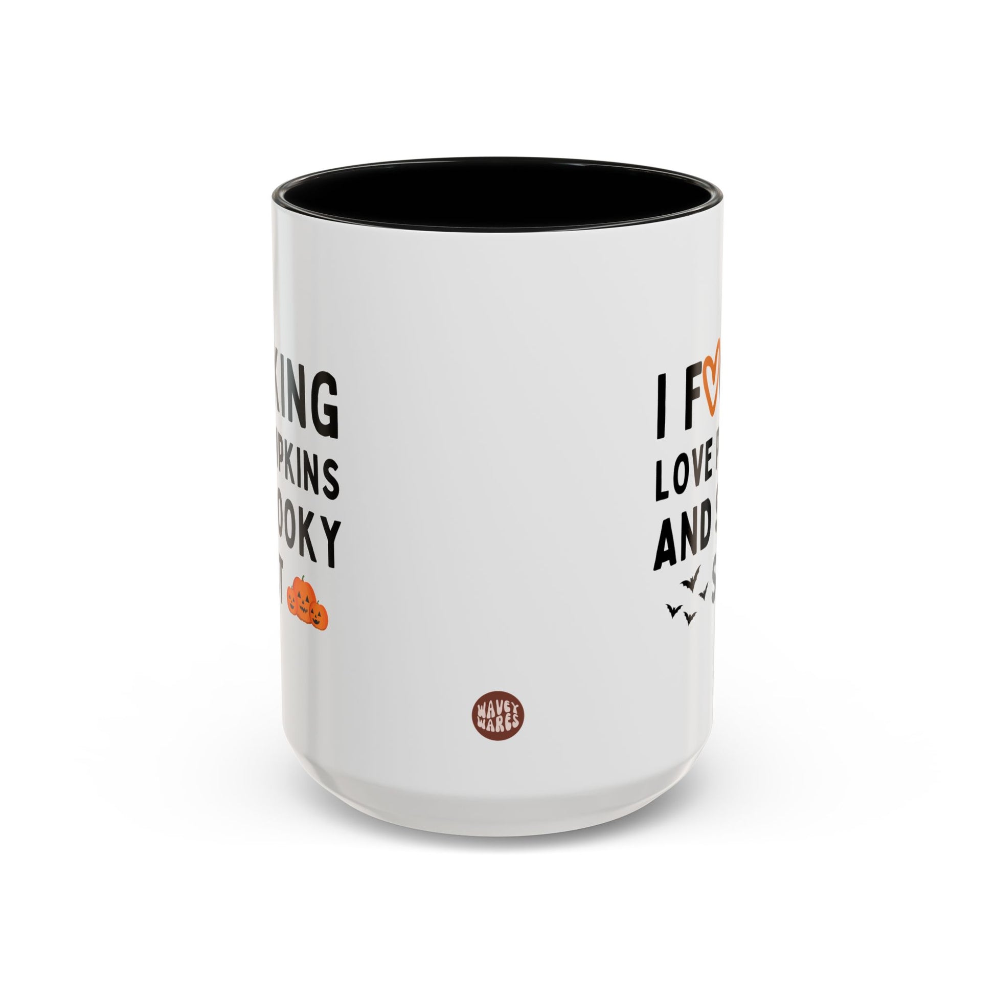 I Fucking Love Pumpkins and Spooky Shit 15oz white with black accent funny large coffee mug gift for fall autumn halloween lover waveywares wavey wares wavywares wavy wares side