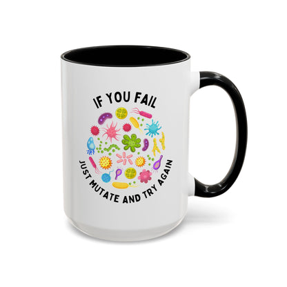 If You Fail Just Mutate And Try Again 15oz white with black accent funny large coffee mug gift for scientist science microbiology lab tech nursing medicine biology STEM biochemistry bacteria chemistry waveywares wavey wares wavywares wavy wares