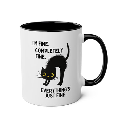 I'm Fine Completely Fine Everything's Fine 11oz white with black accent funny large coffee mug gift for cat lover electrocuted mental health furmom waveywares wavey wares wavywares wavy wares