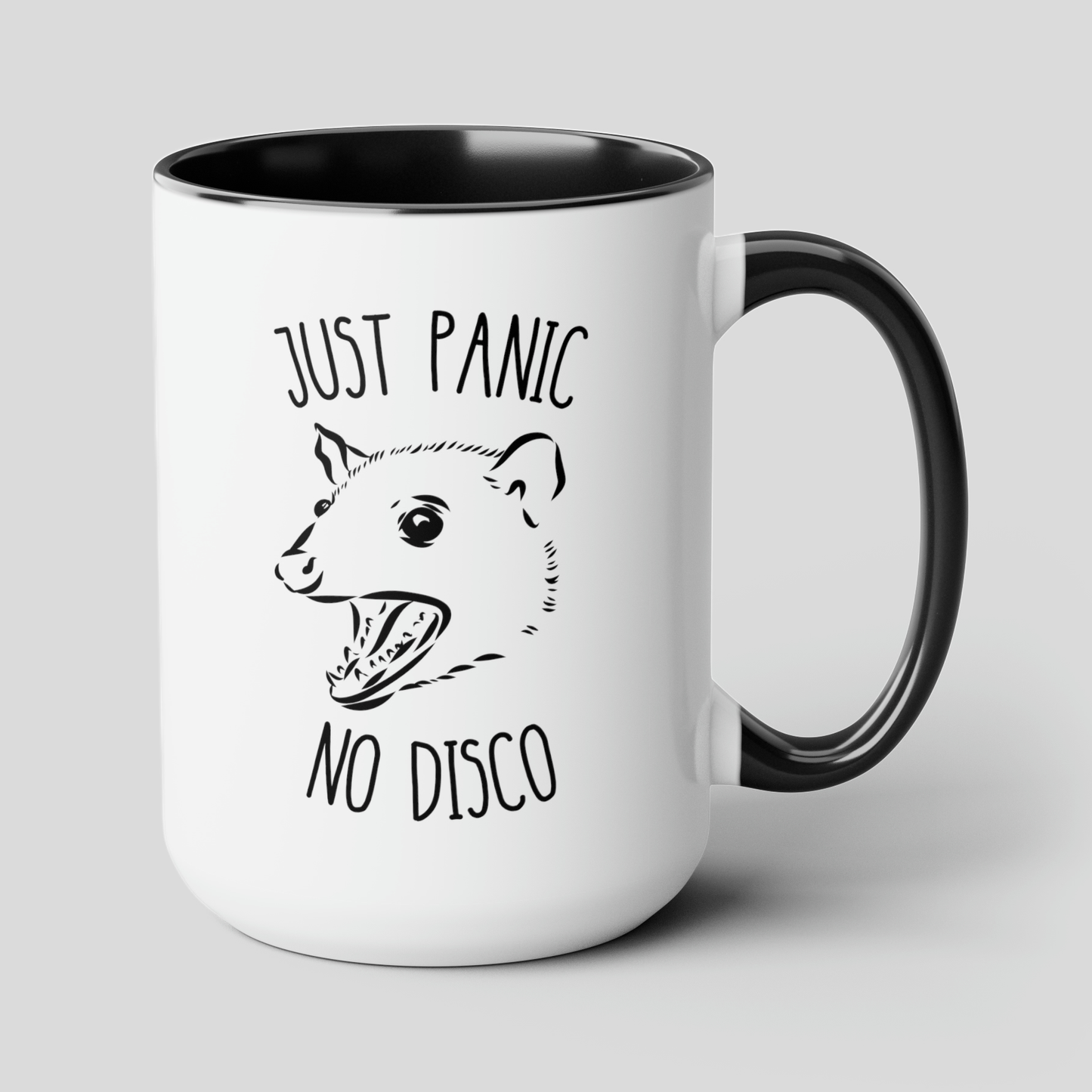 Just Panic No Disco 15oz white with black accent funny large coffee mug gift for her cute opossum meme possum lover mental health joke friend waveywares wavey wares wavywares wavy wares cover