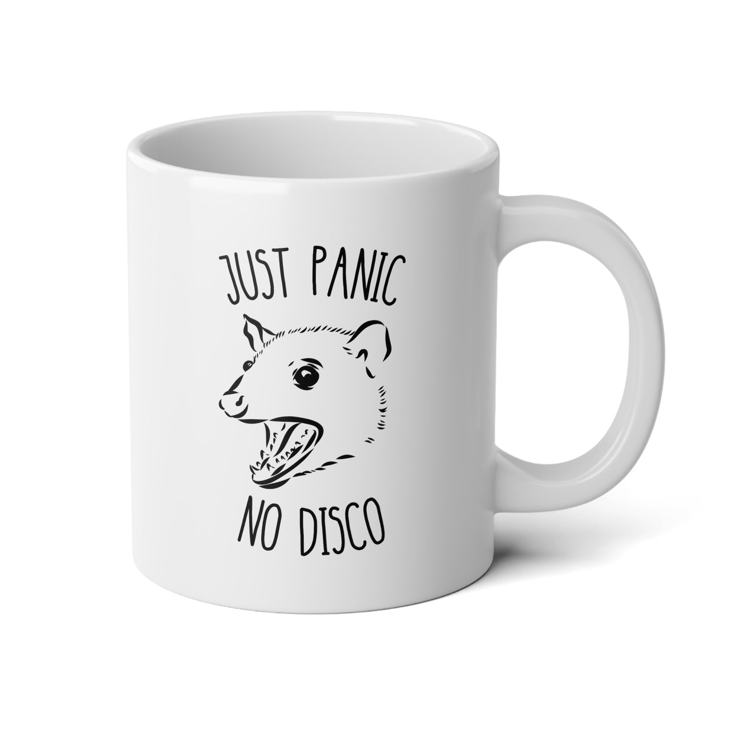Just Panic No Disco 20oz white funny large coffee mug gift for her cute opossum meme possum lover mental health joke friend wavey wares wavywares wavy wares